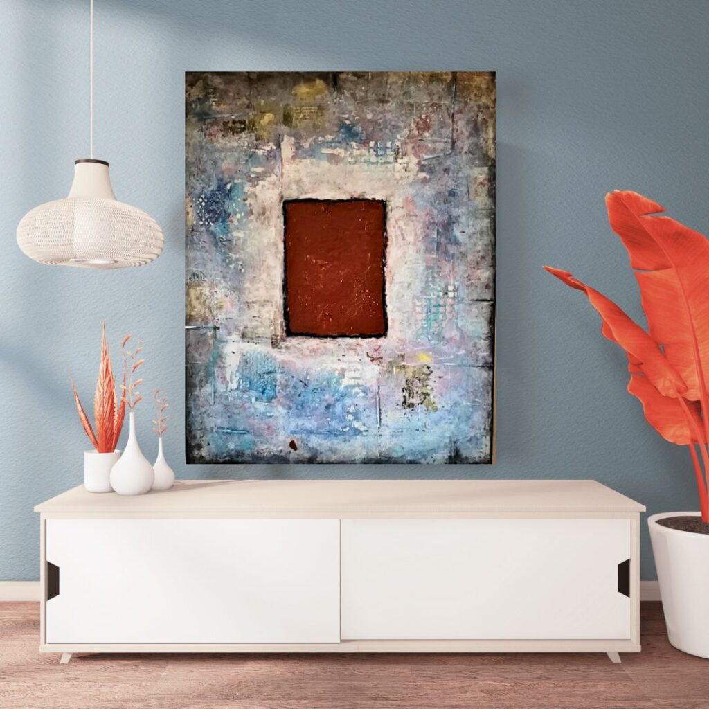 Red, White, Blue, Square, red door, mixed media, abstract, art, collage art, stencil art, gel plate artist, layered art,textured art 