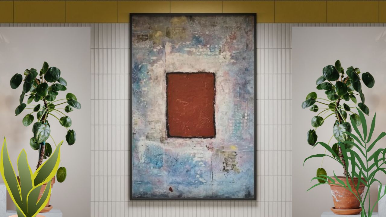 Red, White, Blue, Square, red door, mixed media, abstract, art, collage art, stencil art, gel plate artist, layered art,textured art
